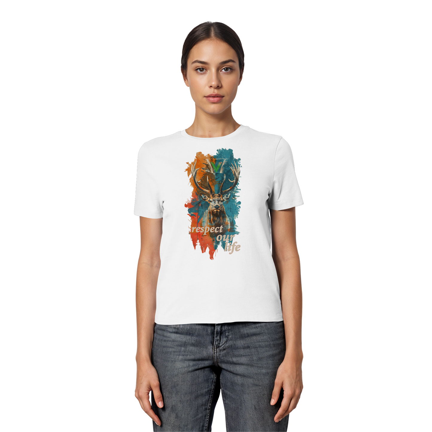 vegwear "respect our life - Hirsch" - eng geschnittenes Damen T-Shirt, bio, vegan, fair