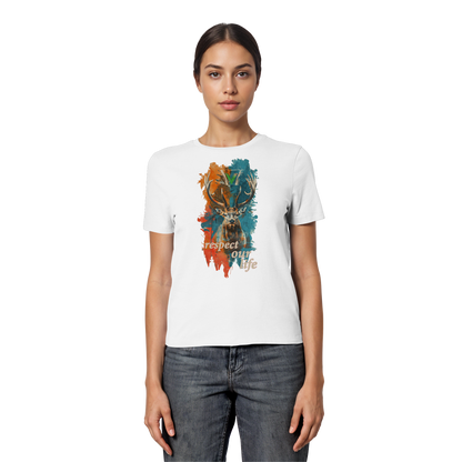 vegwear "respect our life - Hirsch" - eng geschnittenes Damen T-Shirt, bio, vegan, fair