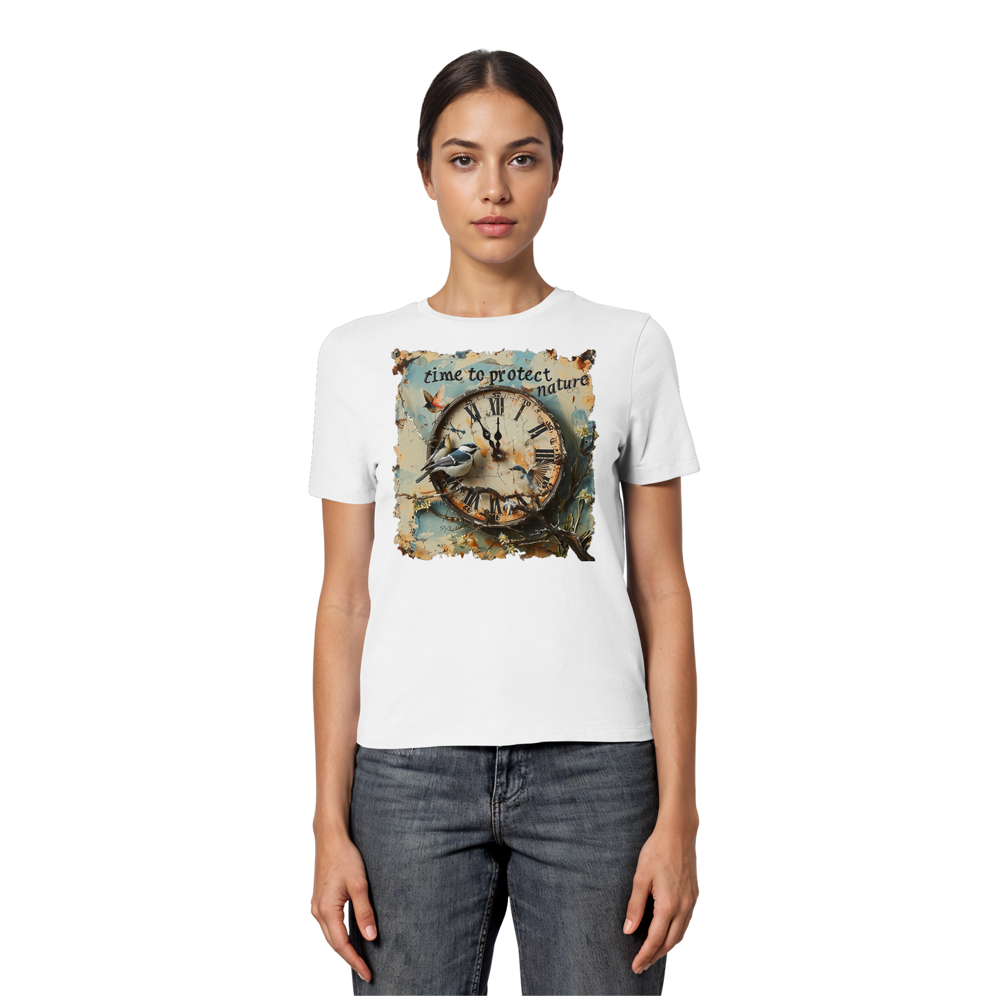 vegwear "time to protect nature" - eng geschnittenes Damen T-Shirt, nachhaltige Mode