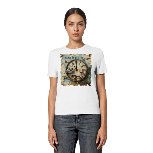 vegwear "time to protect nature" - eng geschnittenes Damen T-Shirt, nachhaltige Mode
