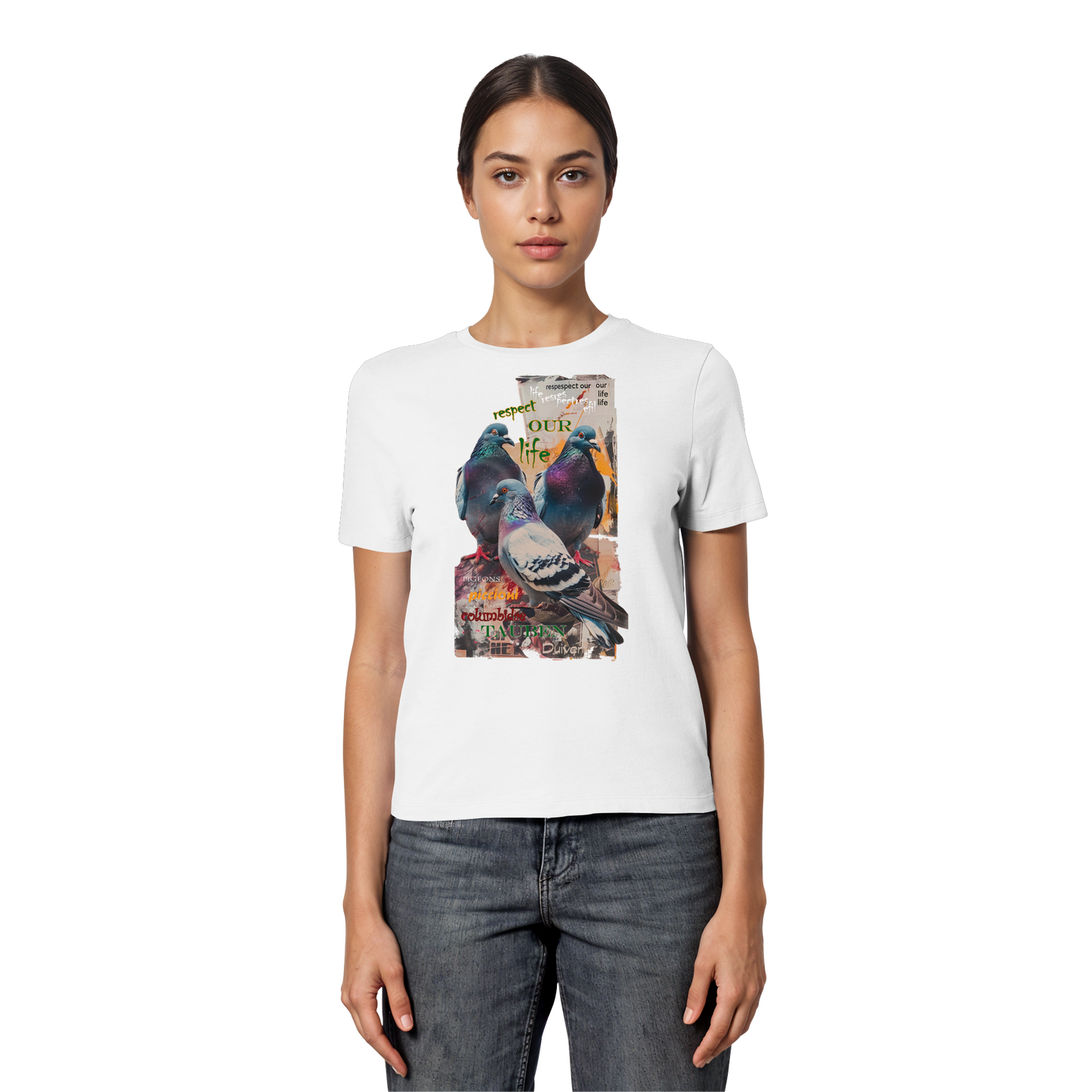vegwear "respect our life - Tauben" - eng geschnittenes Damen Bio T-Shirt