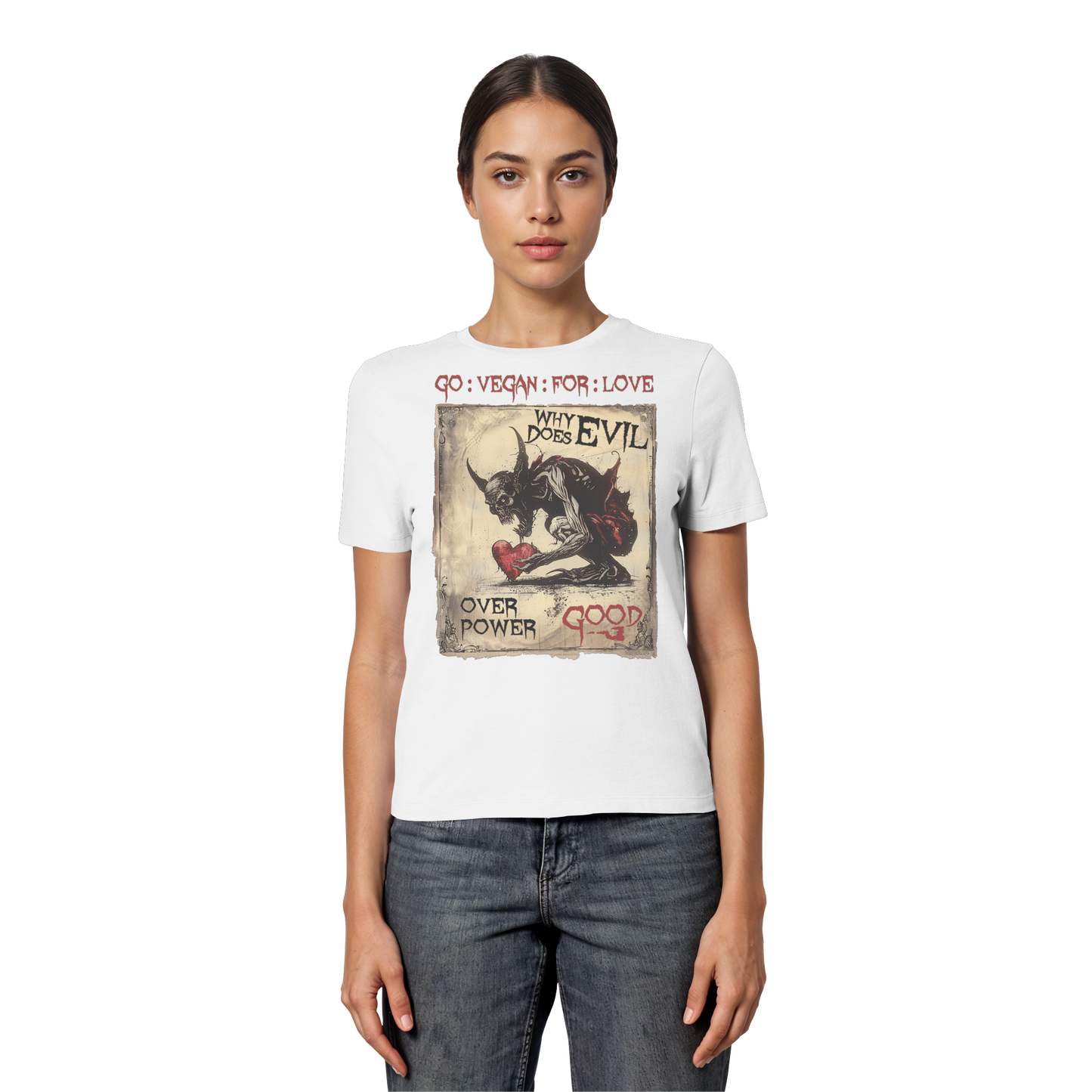 vegwear "why does evil" - eng geschnittenes Damen Bio T-Shirt