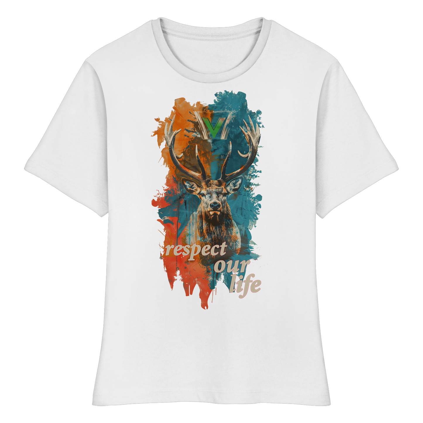 vegwear "respect our life - Hirsch" - eng geschnittenes Damen T-Shirt, bio, vegan, fair