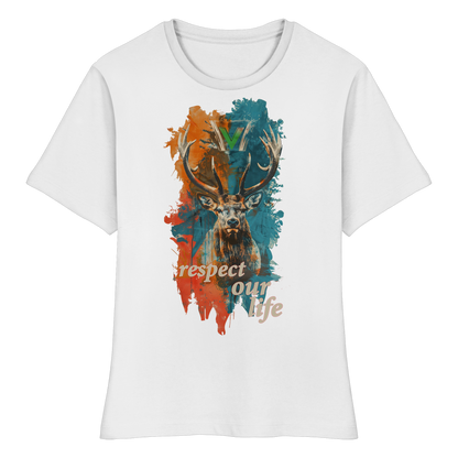 vegwear "respect our life - Hirsch" - eng geschnittenes Damen T-Shirt, bio, vegan, fair