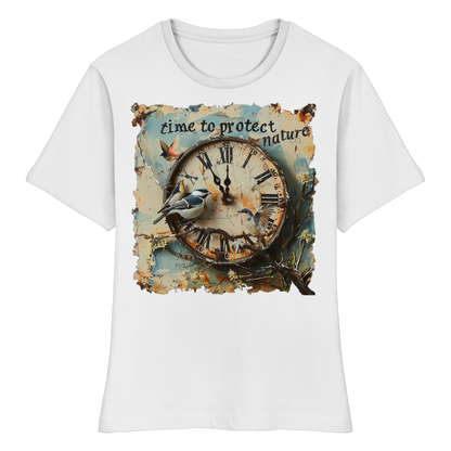 vegwear "time to protect nature" - eng geschnittenes Damen T-Shirt, nachhaltige Mode