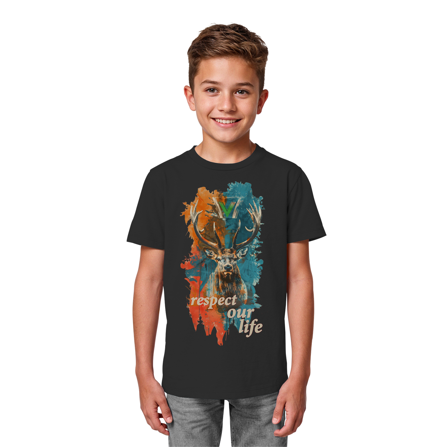 vegwear "respect our life - Hirsch" - unisex Kids T-Shirt, bio, vegan, fair