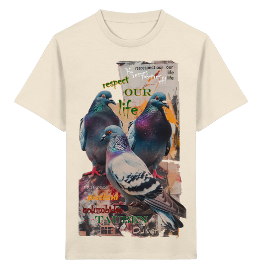 veganes unisex Kinder T-Shirt - "respect our life - Tauben" - Bio-Baumwolle - vegwear