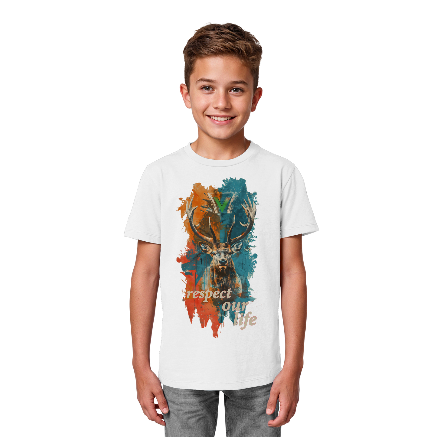 vegwear "respect our life - Hirsch" - unisex Kids T-Shirt, bio, vegan, fair