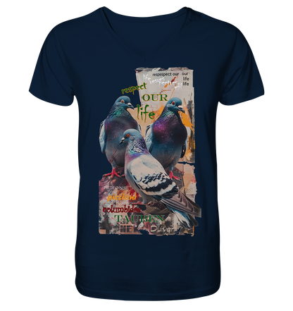Motiv "respect our life - Tauben" - Herren Bio T-Shirt V-Ausschnitt