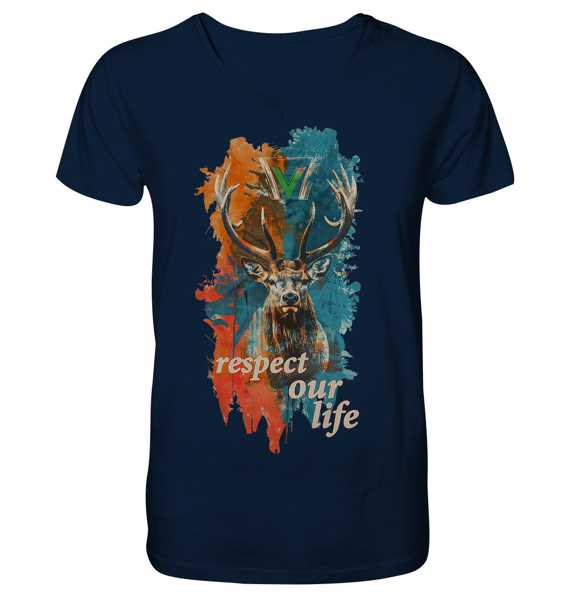 vegwear "respect our life - Hirsch" - Männer T-Shirt mit V-Ausschnitt, bio, vegan, fair