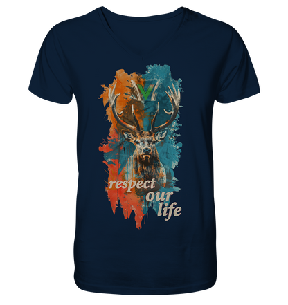 vegwear "respect our life - Hirsch" - Männer T-Shirt mit V-Ausschnitt, bio, vegan, fair