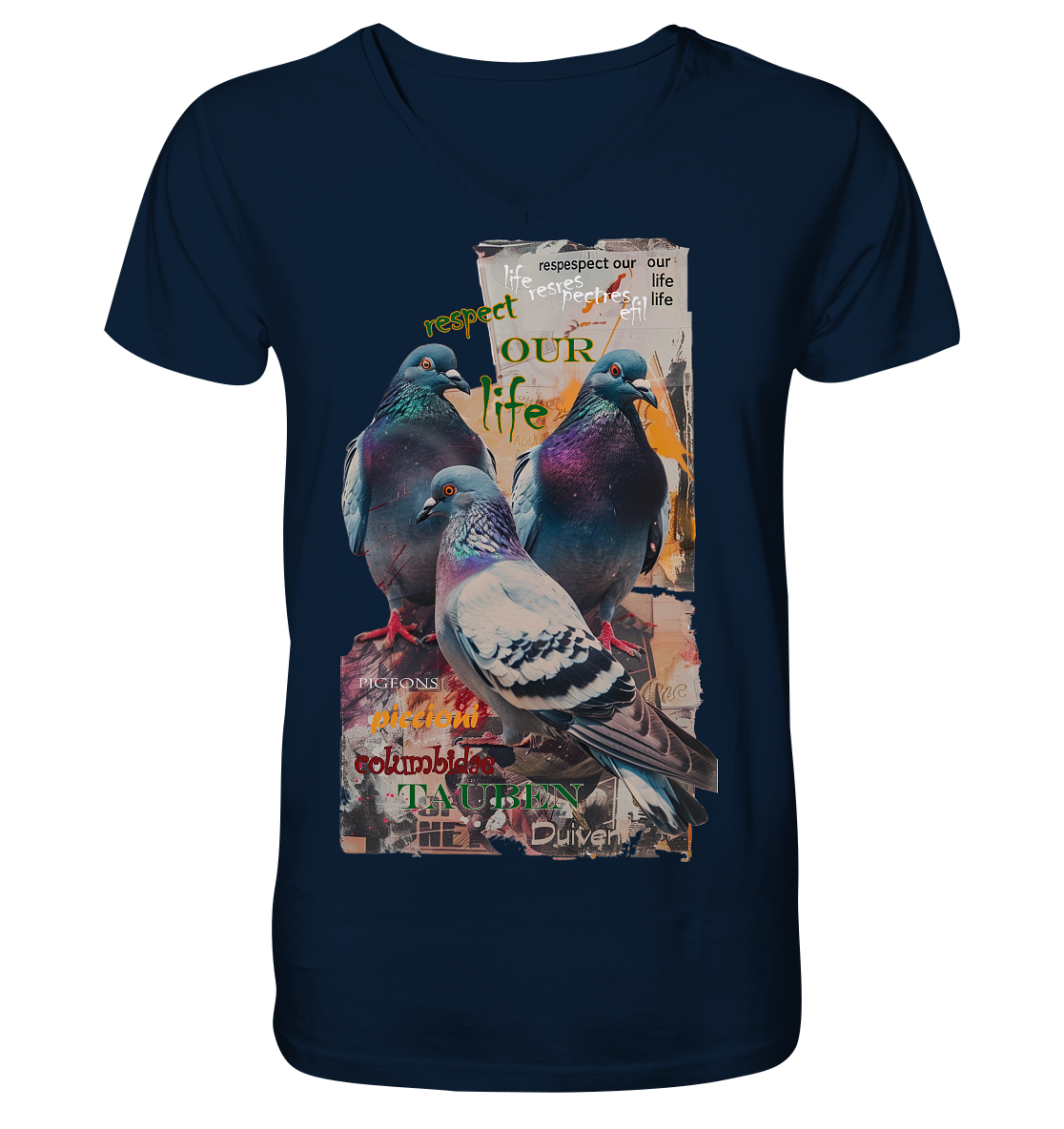 vegwear "respect our life - Tauben" - Herren Bio T-Shirt mit V-Ausschnitt