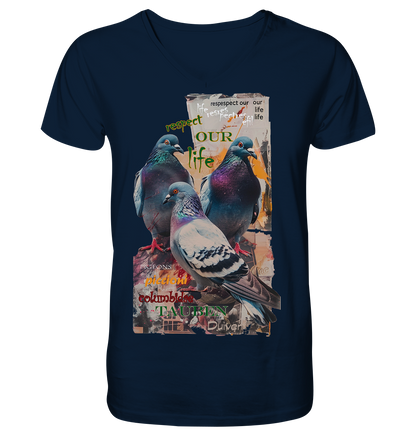 vegwear "respect our life - Tauben" - Herren Bio T-Shirt mit V-Ausschnitt