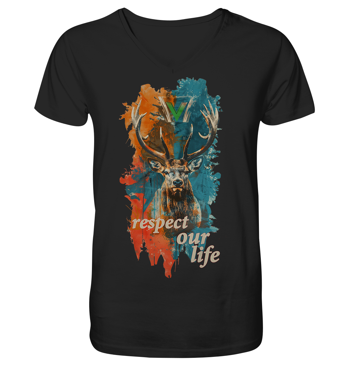 vegwear "respect our life - Hirsch" - Männer T-Shirt mit V-Ausschnitt, bio, vegan, fair
