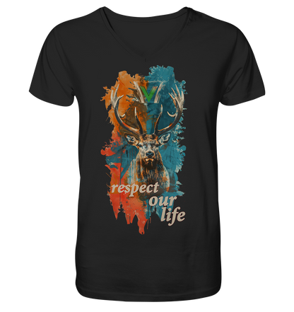 vegwear "respect our life - Hirsch" - Männer T-Shirt mit V-Ausschnitt, bio, vegan, fair