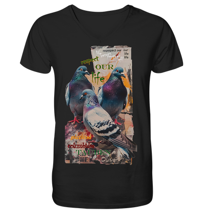 vegwear "respect our life - Tauben" - Herren Bio T-Shirt mit V-Ausschnitt