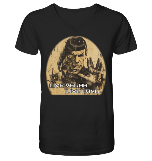 Motiv "live vegan live long" - Herren Bio T-Shirt mit V-Ausschnitt