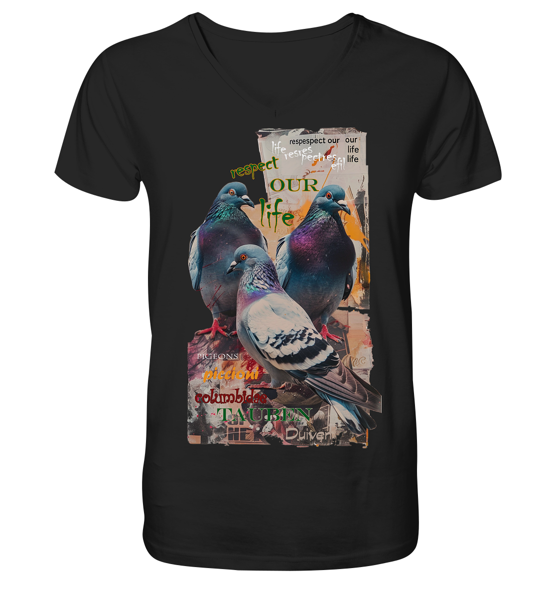 Motiv "respect our life - Tauben" - Herren Bio T-Shirt V-Ausschnitt
