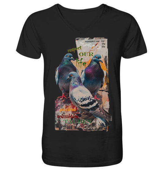 Motiv "respect our life - Tauben" - Herren Bio T-Shirt V-Ausschnitt