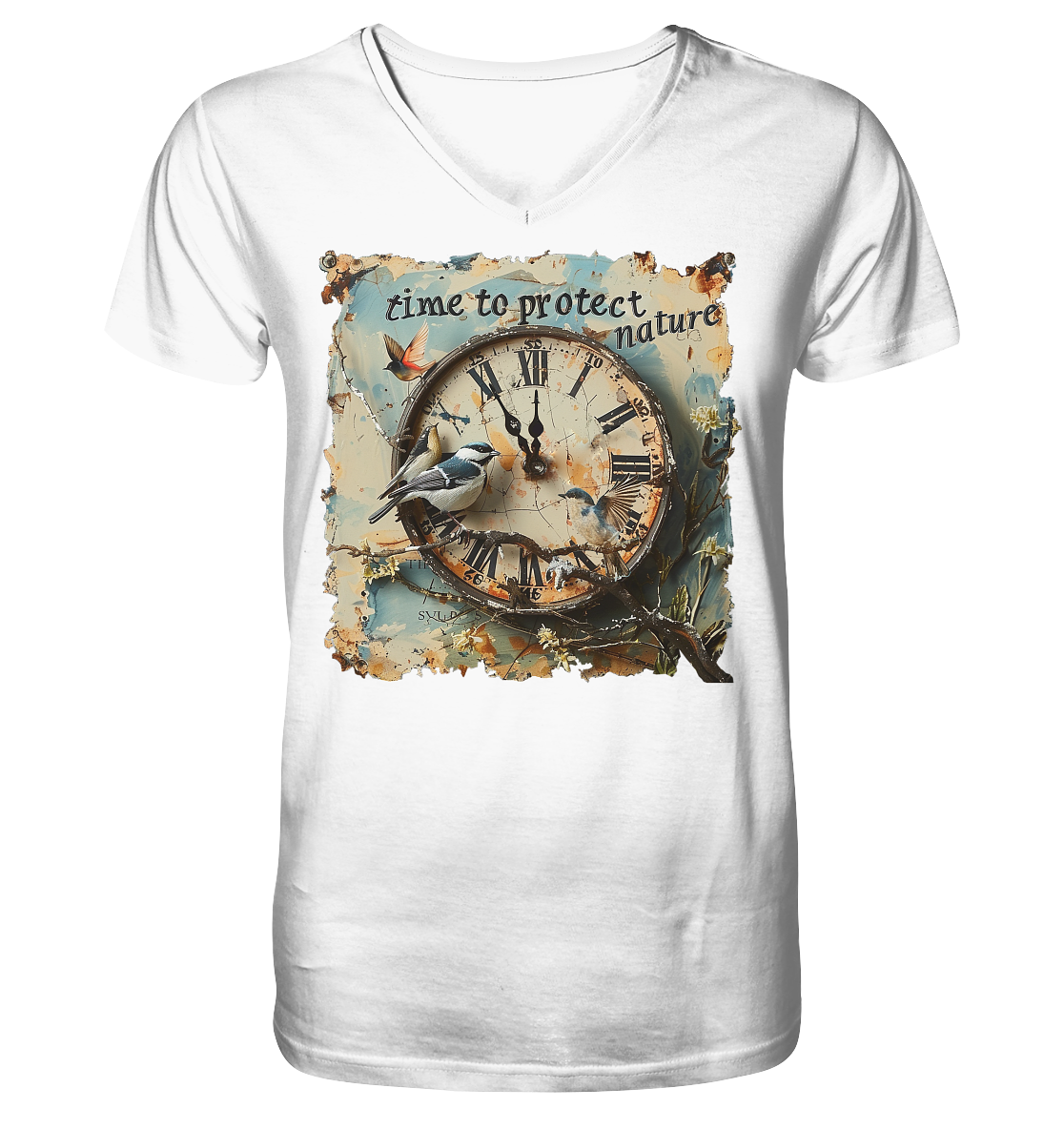 vegwear "time to protect nature" - Herren T-Shirt mit V-Ausschnitt, nachhaltige Mode