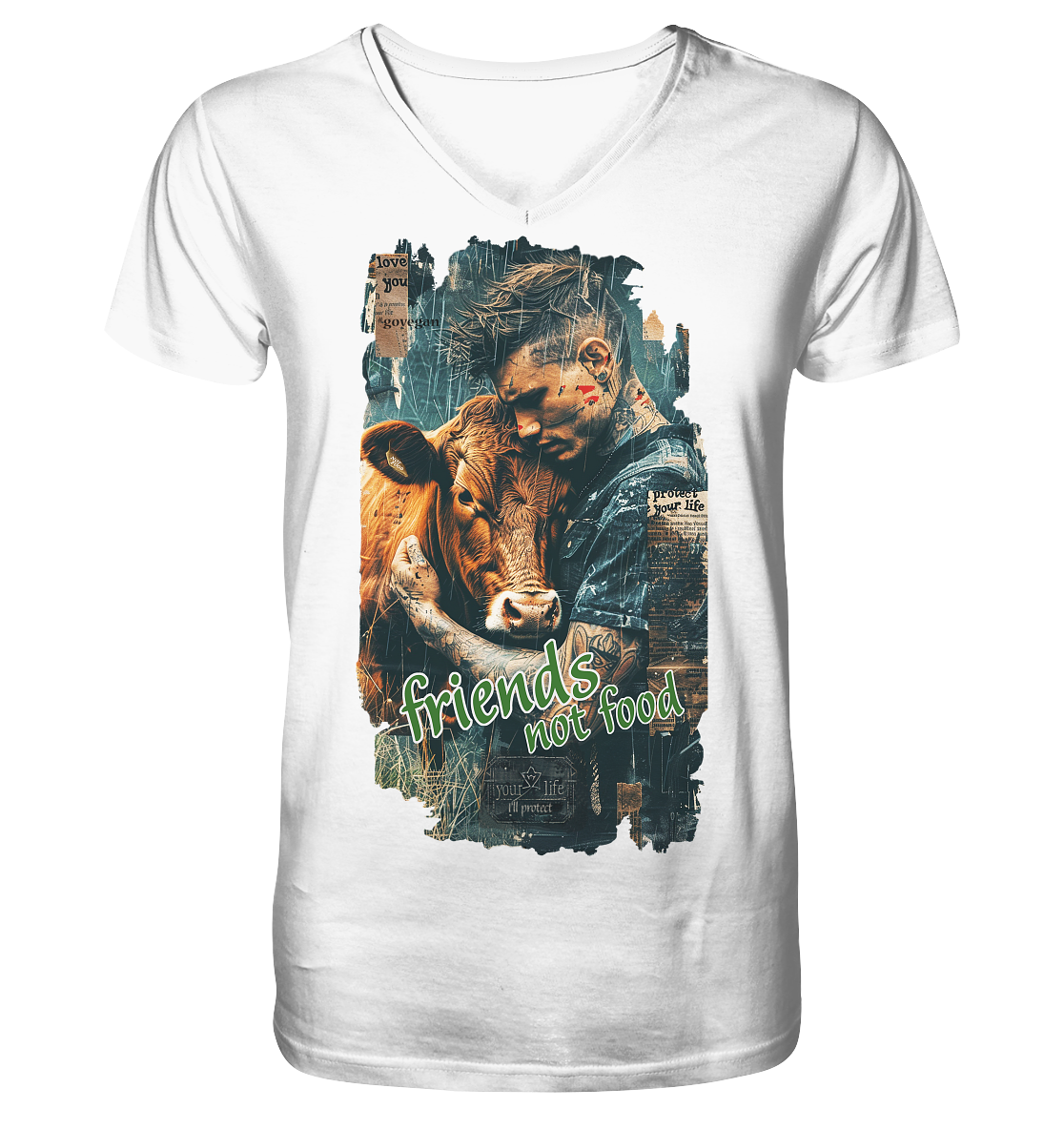 vegwear "friends not food" - Herren T-Shirt mit V-Ausschnitt, bio, fair