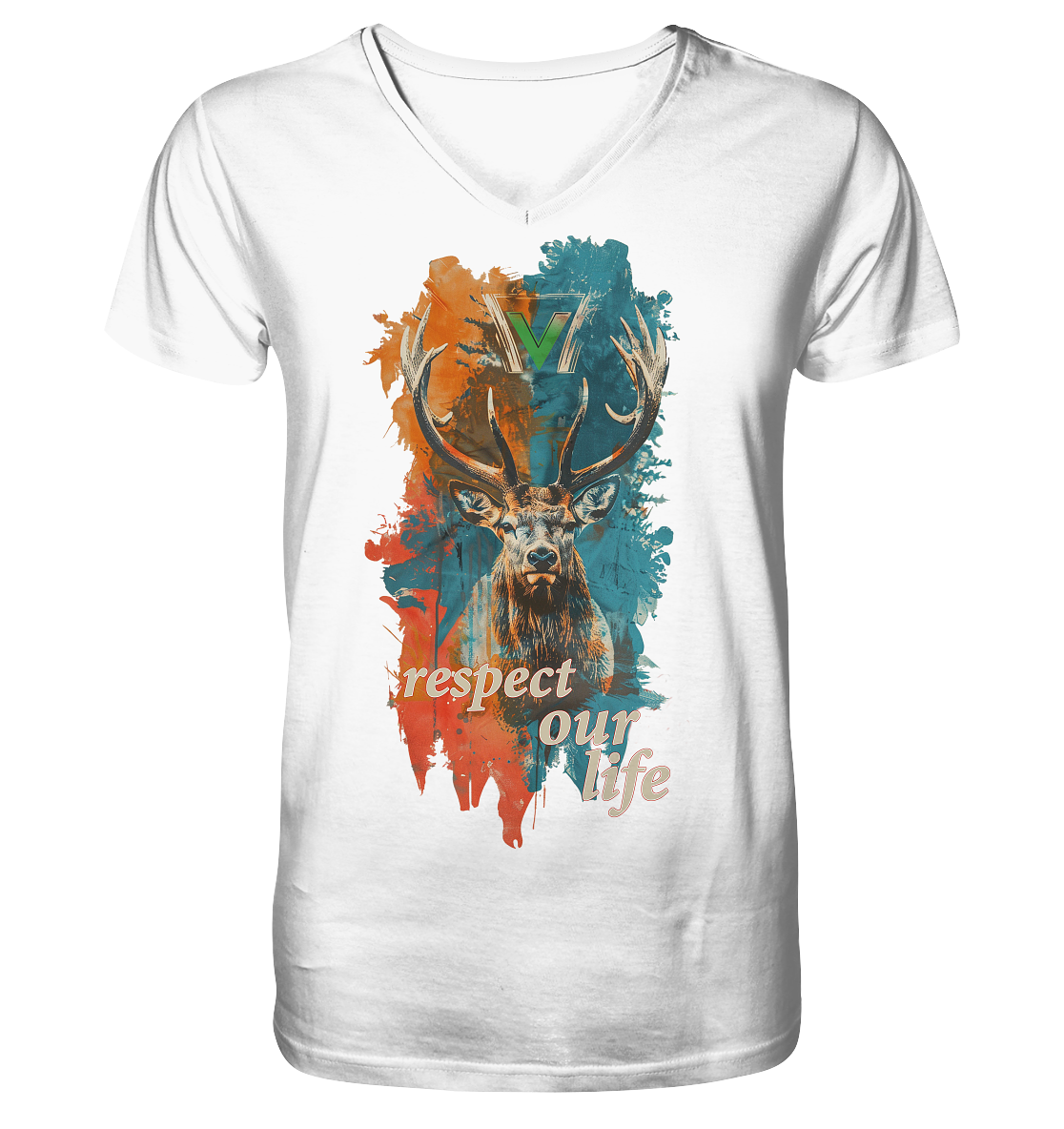 vegwear "respect our life - Hirsch" - Männer T-Shirt mit V-Ausschnitt, bio, vegan, fair