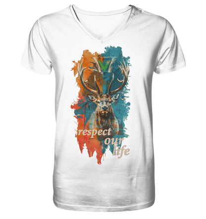 vegwear "respect our life - Hirsch" - Männer T-Shirt mit V-Ausschnitt, bio, vegan, fair