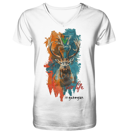 Motiv "respect our life, go vegan" - Herren Bio T-Shirt V-Ausschnitt