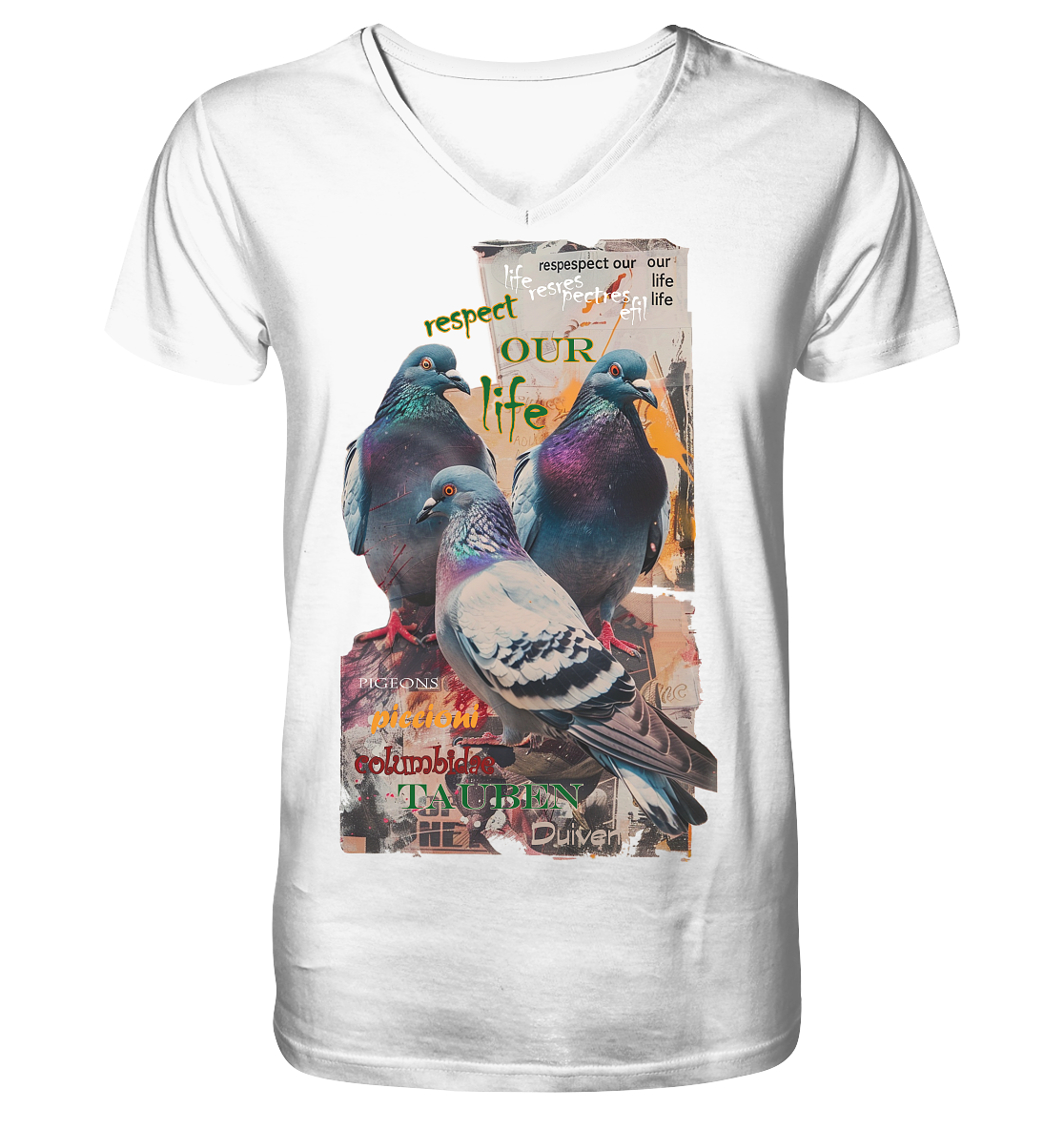 vegwear "respect our life - Tauben" - Herren Bio T-Shirt mit V-Ausschnitt