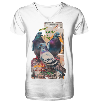 vegwear "respect our life - Tauben" - Herren Bio T-Shirt mit V-Ausschnitt