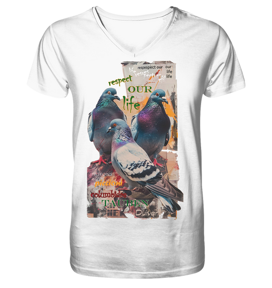 vegwear "respect our life - Tauben" - Herren Bio T-Shirt mit V-Ausschnitt
