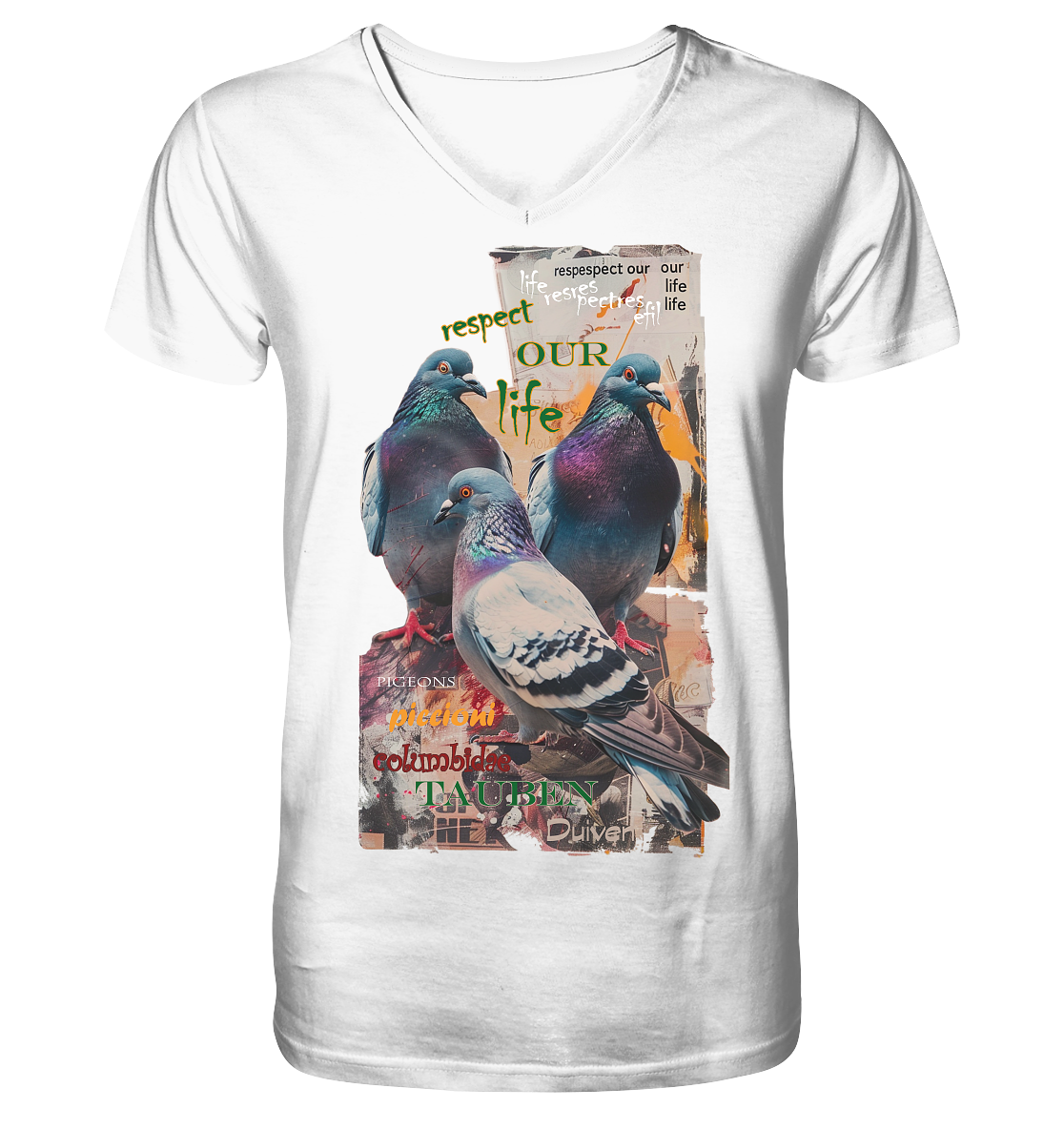 Motiv "respect our life - Tauben" - Herren Bio T-Shirt V-Ausschnitt