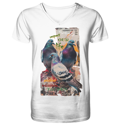 Motiv "respect our life - Tauben" - Herren Bio T-Shirt V-Ausschnitt