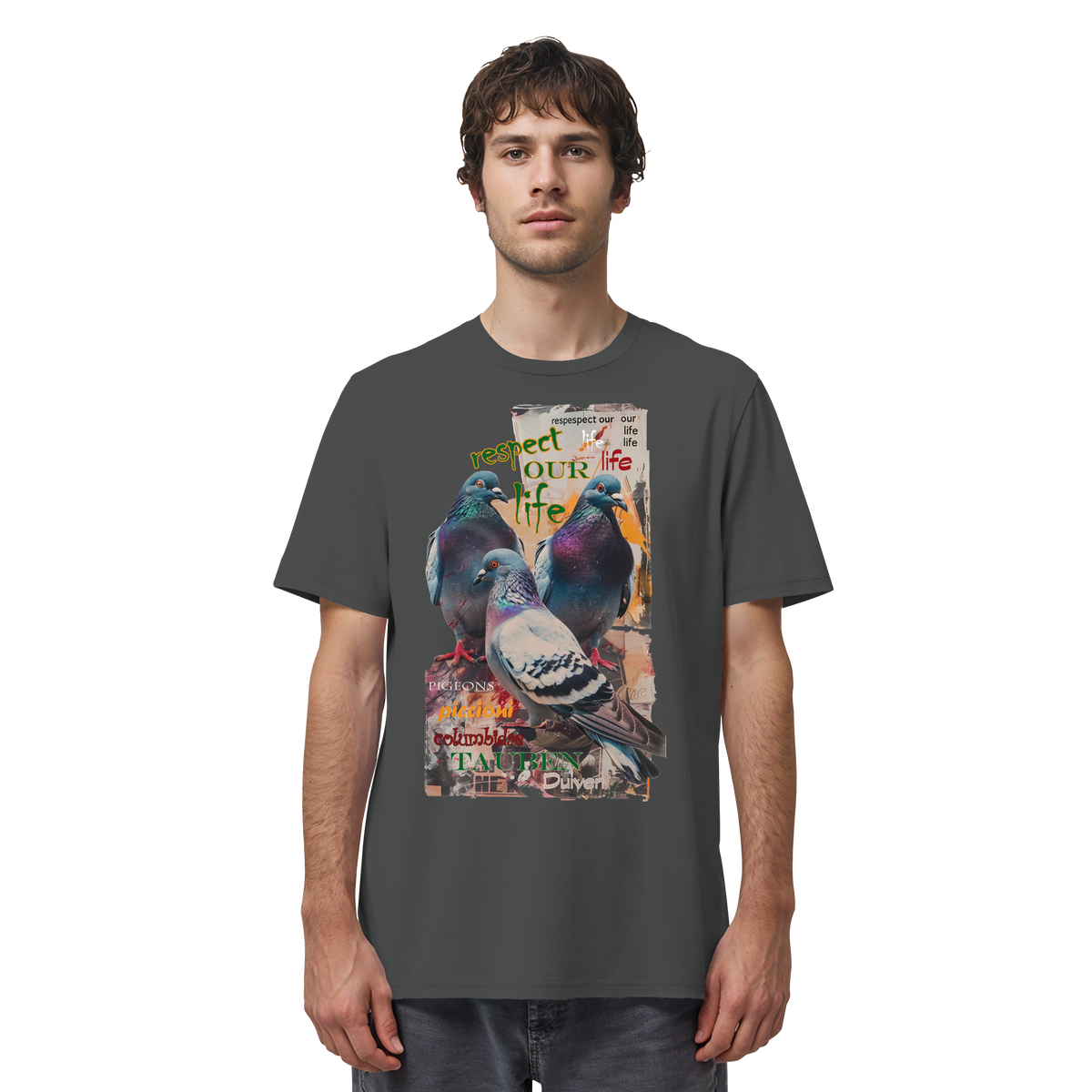 veganes unisex T-Shirt - "respect our life - Tauben" - Bio-Baumwolle - vegwear