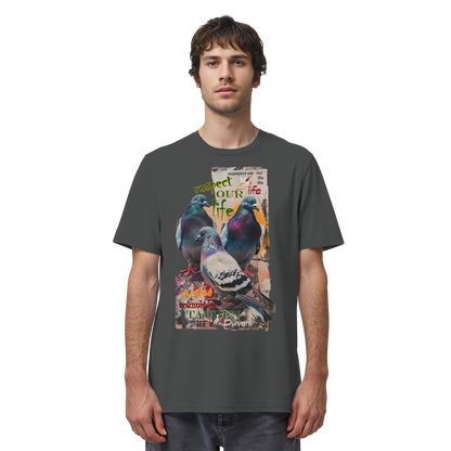 veganes unisex T-Shirt - "respect our life - Tauben" - Bio-Baumwolle - vegwear