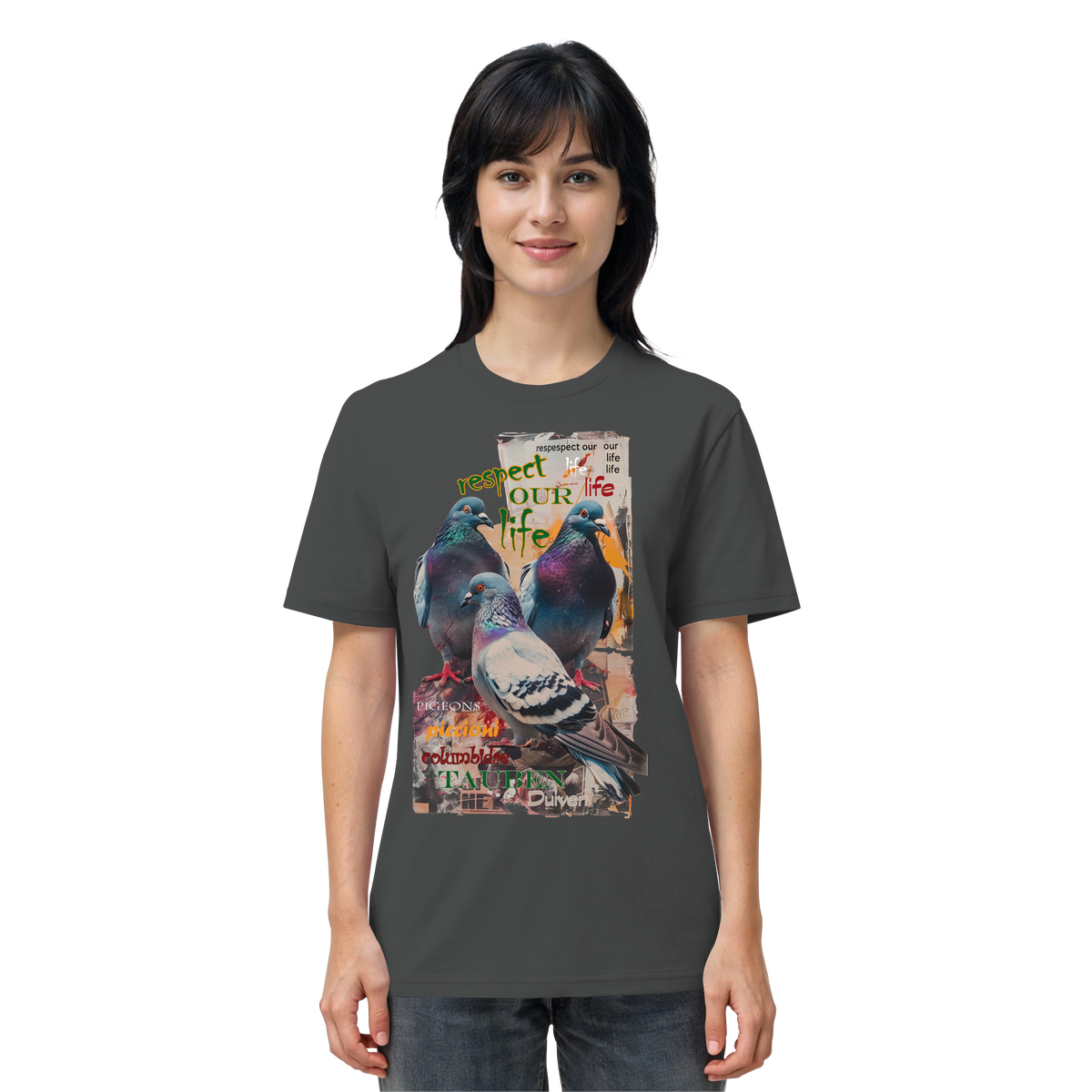 veganes unisex T-Shirt - "respect our life - Tauben" - Bio-Baumwolle - vegwear