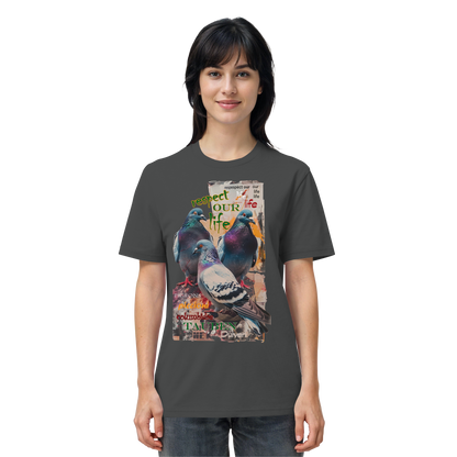 veganes unisex T-Shirt - "respect our life - Tauben" - Bio-Baumwolle - vegwear