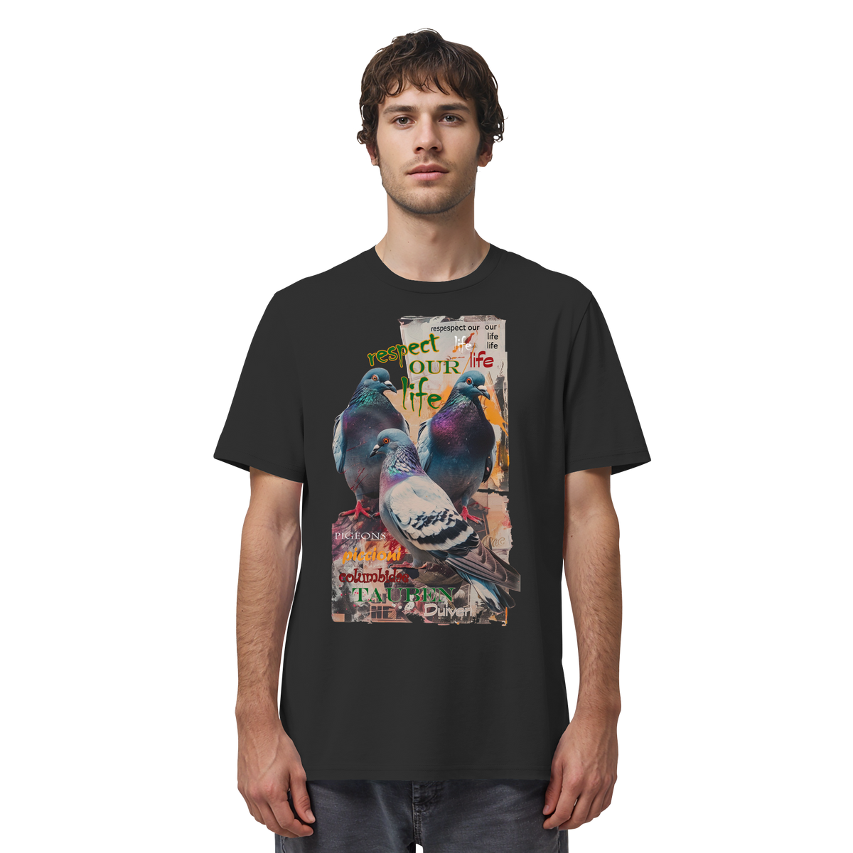 veganes unisex T-Shirt - "respect our life - Tauben" - Bio-Baumwolle - vegwear