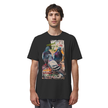 veganes unisex T-Shirt - "respect our life - Tauben" - Bio-Baumwolle - vegwear