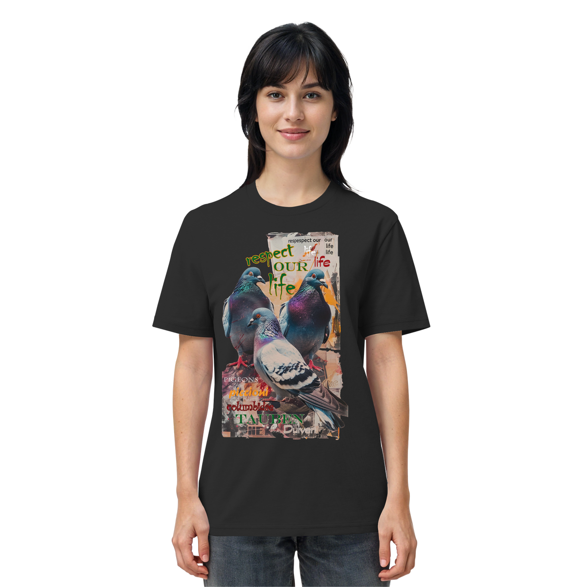 veganes unisex T-Shirt - "respect our life - Tauben" - Bio-Baumwolle - vegwear