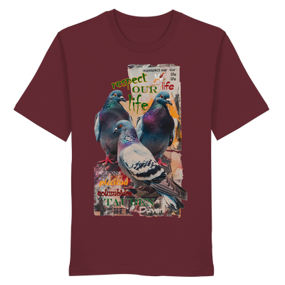 veganes unisex T-Shirt - "respect our life - Tauben" - Bio-Baumwolle - vegwear