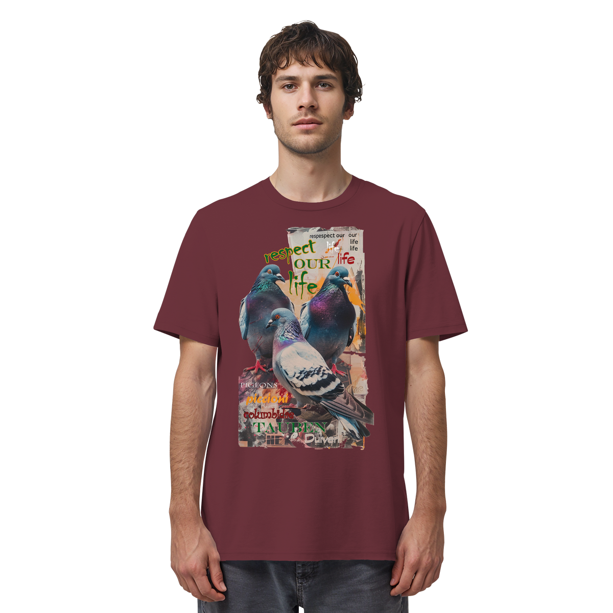 veganes unisex T-Shirt - "respect our life - Tauben" - Bio-Baumwolle - vegwear