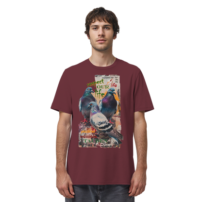 veganes unisex T-Shirt - "respect our life - Tauben" - Bio-Baumwolle - vegwear