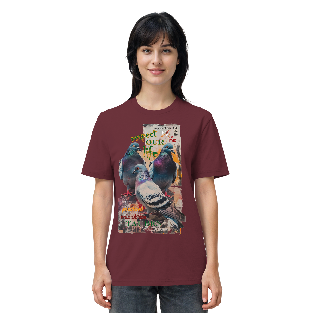 veganes unisex T-Shirt - "respect our life - Tauben" - Bio-Baumwolle - vegwear