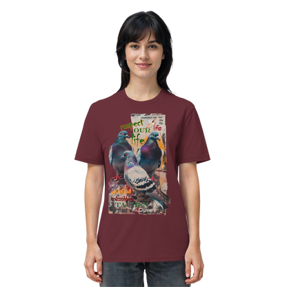 veganes unisex T-Shirt - "respect our life - Tauben" - Bio-Baumwolle - vegwear