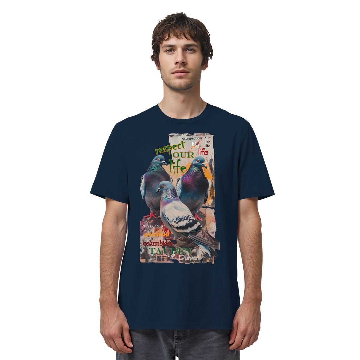 veganes unisex T-Shirt - "respect our life - Tauben" - Bio-Baumwolle - vegwear