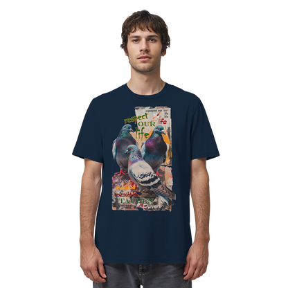 veganes unisex T-Shirt - "respect our life - Tauben" - Bio-Baumwolle - vegwear