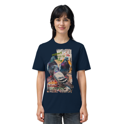 veganes unisex T-Shirt - "respect our life - Tauben" - Bio-Baumwolle - vegwear