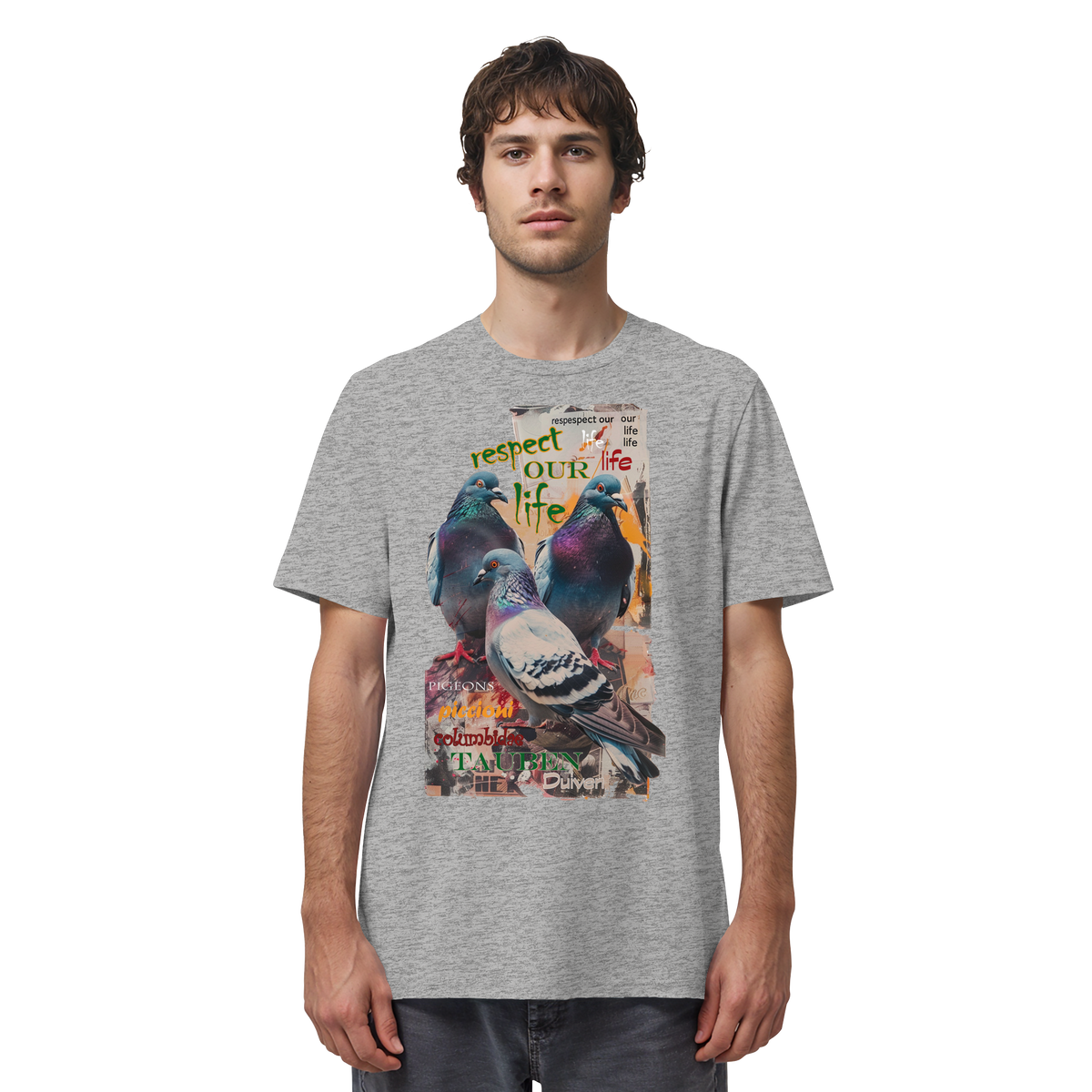 veganes unisex T-Shirt - "respect our life - Tauben" - Bio-Baumwolle - vegwear