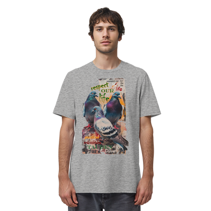 veganes unisex T-Shirt - "respect our life - Tauben" - Bio-Baumwolle - vegwear